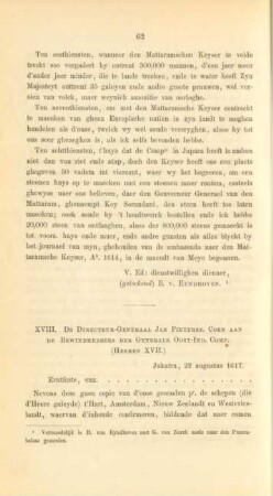 XVIII. De directeur-generaal Jan Pietersz. Coen aan de bewindhebbers der generale Oost-Ind. Comp. (Heeren XVII)