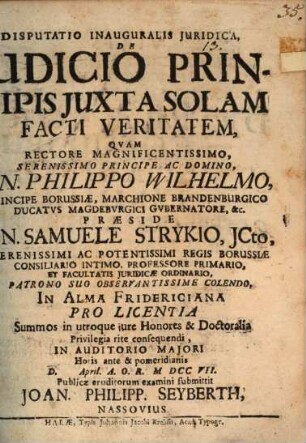 Disputatio Inauguralis Juridica, De Judicio Principis Juxta Solam Facti Veritatem