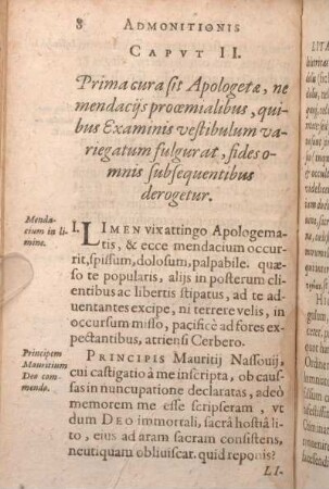 Capvt II. Prima curasit Apologetae, nemendacijs proemialibus, quibus Examinis vestibulum variegatum fulgurat, fides omnis subsequentibus derogetur.