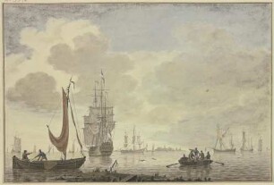 Marine, rechts ein Ruderboot mit fünf Figuren