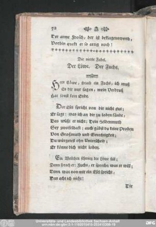Die vierte Fabel. Der Löwe. Der Fuchs.