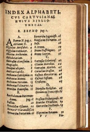 Index Alphabeticus Cartusianae Huius Bibliothecae.