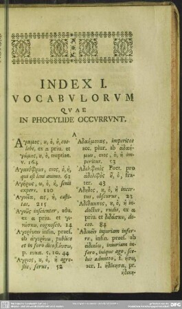 Index I. Vocabulorum Quae In Phocylide Occurunt