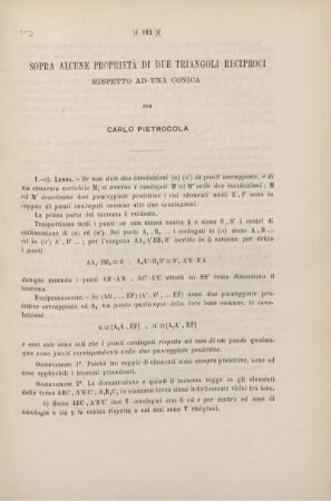 Sopra alcune proprietà di due triangoli reciproci rispetto ad una conica.