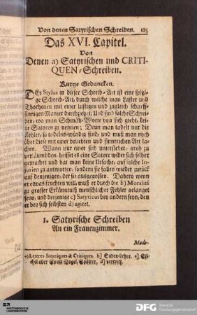 Das XVI. Capitel. Von Denen a) Satyrischen und CRITIQUEN-Schreiben.