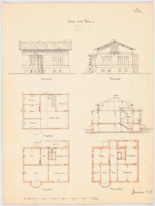 Villa: Grundrisse KG, EG, Dachgeschoss, Schnitt, Vorderansicht, Giebelansicht