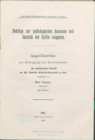 Beiträge zur pathologischen Anatomie und Statistik der Syfilis congenita