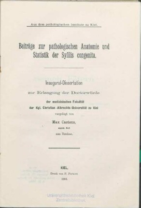Beiträge zur pathologischen Anatomie und Statistik der Syfilis congenita