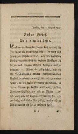 Berlin, den 4. August 1779. Erster Brief. An alle meine Leser