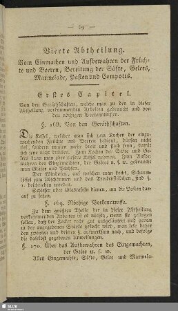 Vierte Abtheilung. Vom Einmachen und Aufbewahren der Fruechte und Beeren, Bereitung der Saefte, Gelees, Marmelade, Pasten und Compotts