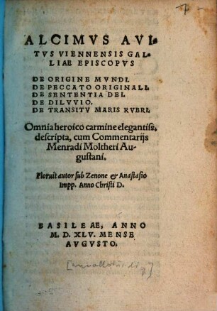 Alcimvs Avitvs Viennensis Galliae Episcopvs De Origine Mvndi