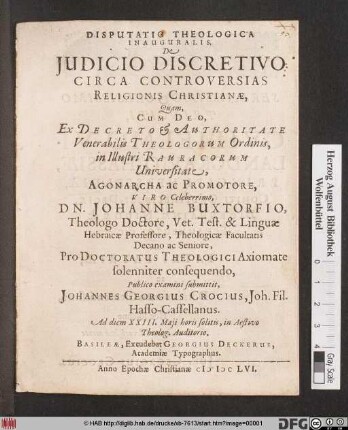 Disputatio Theologica Inauguralis, De Iudicio Discretivo Circa Controversias Religionis Christianae