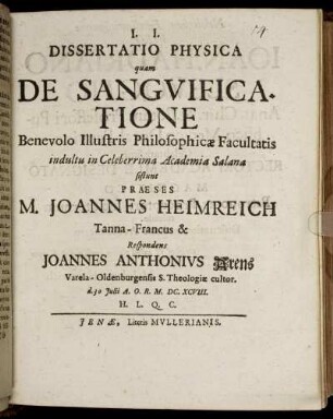 Dissertatio Physica quam De Sanguificatione