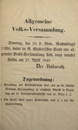 Allgemeine Volks-Versammlung. Fulda, am 27. April 1849.