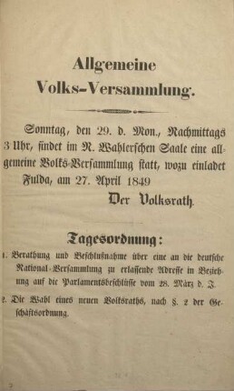 Allgemeine Volks-Versammlung. Fulda, am 27. April 1849.
