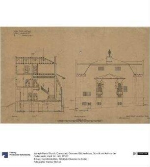 Darmstadt, Grosses Glückerthaus, Schnitt und Aufriss der Ostfassade