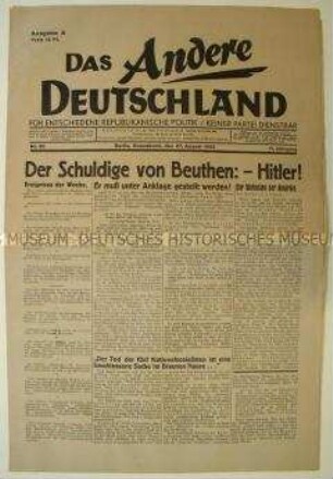 Pazifistische Wochenzeitung "Das Andere Deutschland" u.a. zur Verurteilung von 5 Nationalsozialisten wegen Mordes an einem Kommunisten
