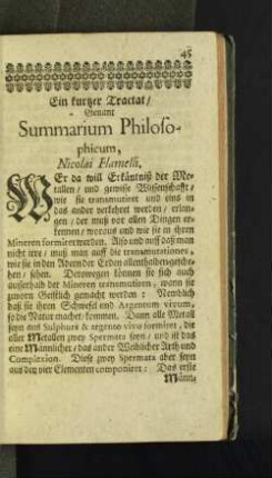 Ein kurtzer Tractat/ Genant Summarium Philosophicum, Nicolai Flamelli.