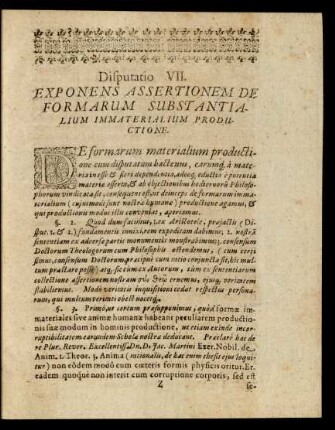 Disputatio VII. Exponens Assertionem De Formarum Substantialium Immaterialium Productione.