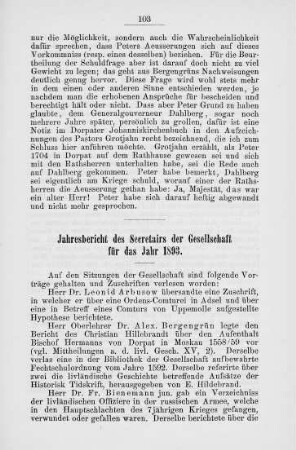 Jahresbericht des Secretairs der Gesellschaft für das Jahr 1893