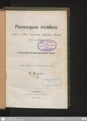 Pharmacopoeae recentiores Anglica, Gallica, Germaniae, Helvetica, Russiae inter se collatae : Supplementum Manualis pharmaceutici Hageri