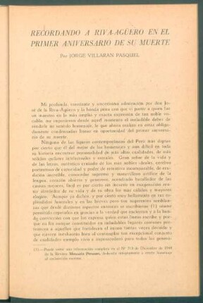 Recordando a Riva-Agüero en el primer aniversario de su muerte