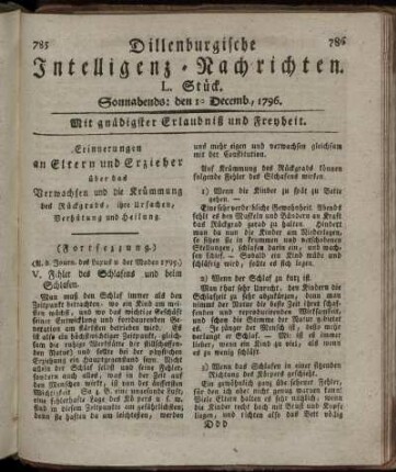 L. Stück. Sonnabends: den 10. Decemb. 1796.