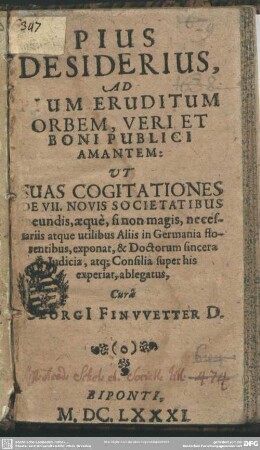 Pius Desiderius s. Cogitationes de societatibus eruditorum