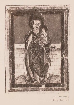 Madonna mit Kind auf dem Halbmond, Mauer im Hintergund