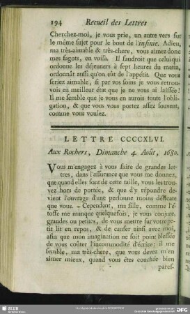 Lettre CCCCXLVI. Aux Rochers, Dimanche 4. Août, 1680