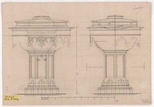 Liebstadt, Stadtkirche, Taufstein, Entwürfe : Liebstadt, Stadtkirche, Taufstein, zwei Entwürfe mit Maßangaben, Richard Steche, um 1890. Feder, Bleistift/Papier. 30,7 x 44,5 cm. Bez.: "Liebstadt". Maßstab mit Maßeinheit Meter (1 Meter=20 cm).