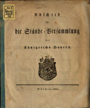 Abschied für die Ständeversammlung des Königreichs Baiern im J. 1834