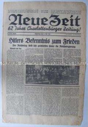 Berliner Tageszeitung "Neue Zeit" zur Reichstagsrede von Hitler am 17. Mai 1933