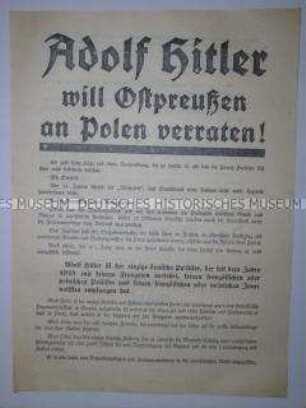 Propagandaflugblatt der NSDAP zur Reichspräsidentenwahl 1932 mit Ausrichtung auf die Bevölkerung Ostpreußens