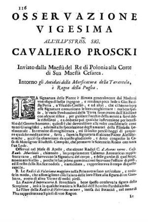Osservazione Vigesima all'Illustriss. et Eccell. Sig. Cavaliero Proscki ...