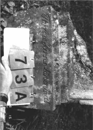 Grabstein 73 (Index: 100106511) Material: Sandstein Zustand: stark verwittert, weitgehender Textverlust, Stele zerbrochen Beschreibung: Stele mit Runbogenabschluß, Schriftfeld eingetieft, Sockel: Grabstein 73A