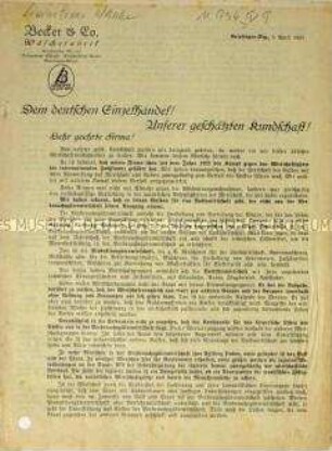 Rundschreiben der Wäschefabrik "Becker und Co." an den deutschen Einzelhandel mit einem Aufruf zum Kampf gegen die Hochfinanz