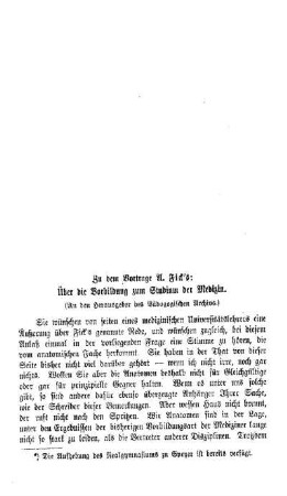 Zu dem Vortrage A. Fickęs: Über die Vorbildung zum Studium der Medizin