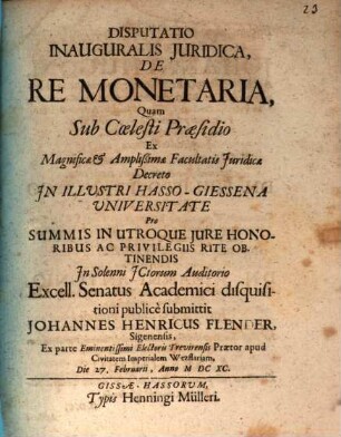 Disputatio inauguralis iuridica de re monetaria