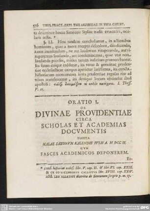 Oratio I. De Divinae Providentiae Circa Scholas Et Academias Documentis