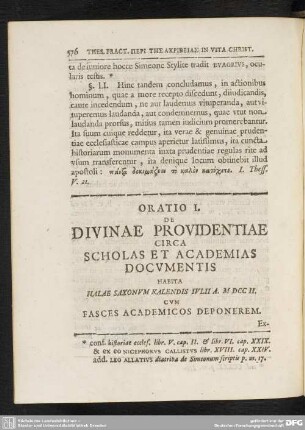 Oratio I. De Divinae Providentiae Circa Scholas Et Academias Documentis