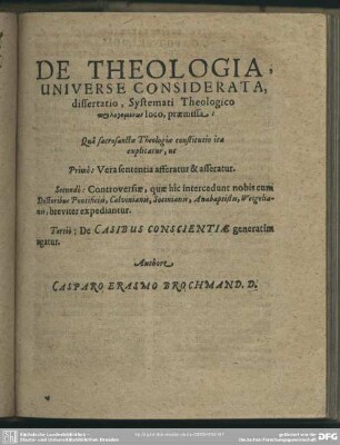 De Theologia, Universe Considerata, differtatio, Systemati Theologico
