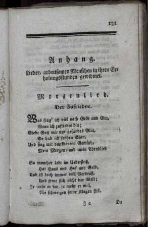 Anhang. Lieder, arbeitsamen Menschen in ihren Erholungstunden gewidmet