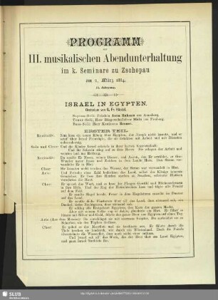 Programm zur III. musikalischen Abendunterhaltung im k. Seminare zu Zschopau am 2. März 1884