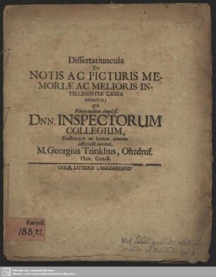 Dissertatiuncula De Notis Ac Picturis Memoriae Ac Melioris Intelligentiae Causa Inventis