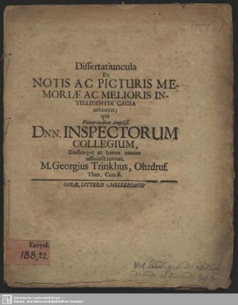 Dissertatiuncula De Notis Ac Picturis Memoriae Ac Melioris Intelligentiae Causa Inventis