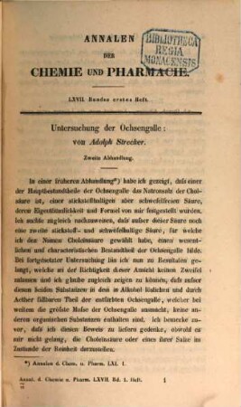 Annalen der Chemie und Pharmacie : vereinigte Zeitschrift des Neuen Journals der Pharmacie für Ärzte, Apotheker und Chemiker u. des Magazins für Pharmacie und Experimentalkritik, 67. 1848