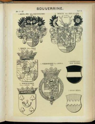 Taf. 73. 1. Johann d. Jüng. Graf zu Nassau-Catzenelenbogen. 1593. - 2. Moritz Prinz v. Oranien, Graf zu Nassau (n.d. Cod. Saurma.) - 3. Moritz Prinz v. Oranien. n.e. Medaille v. 1619. - 4. Wilhelm Heinrich Prinz v. Oranien 1652. - 5. Wilhelm Heinrich Prinz v. Oranien etc. 1668. - 6. Markgrafschaft Vere - Vlissingen. - 7. Grafschaft Büren.