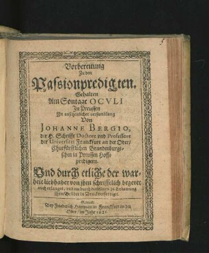 Vorbereitung Zu den Passionpredigten : Gehalten Am Sontage OCVLI In Preussen ...