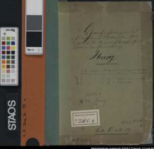 "Handzeichnungen und Grundsteuermutterrollen-Auszüge über die domänenfiskalischen Grundstücke in der Gemarkung Iburg" a) Auszug aus der Grundsteuermutterrolle (1889) b) Das sog. neue Land (1889) c) Der Esch (1872) d) wie c, aus dem Jahre 1889; jetzt zur Gemarkung Maescher gehörend. Angrenzende Grundbesitzer sind namentlich eingetragen. Ausf.-Art: Farbige Handzeichnungen (in einem Aktendeckel eingebunden) Herst.: Bosse Format: 20 x 33 cm Maßstab: 1 : 2000